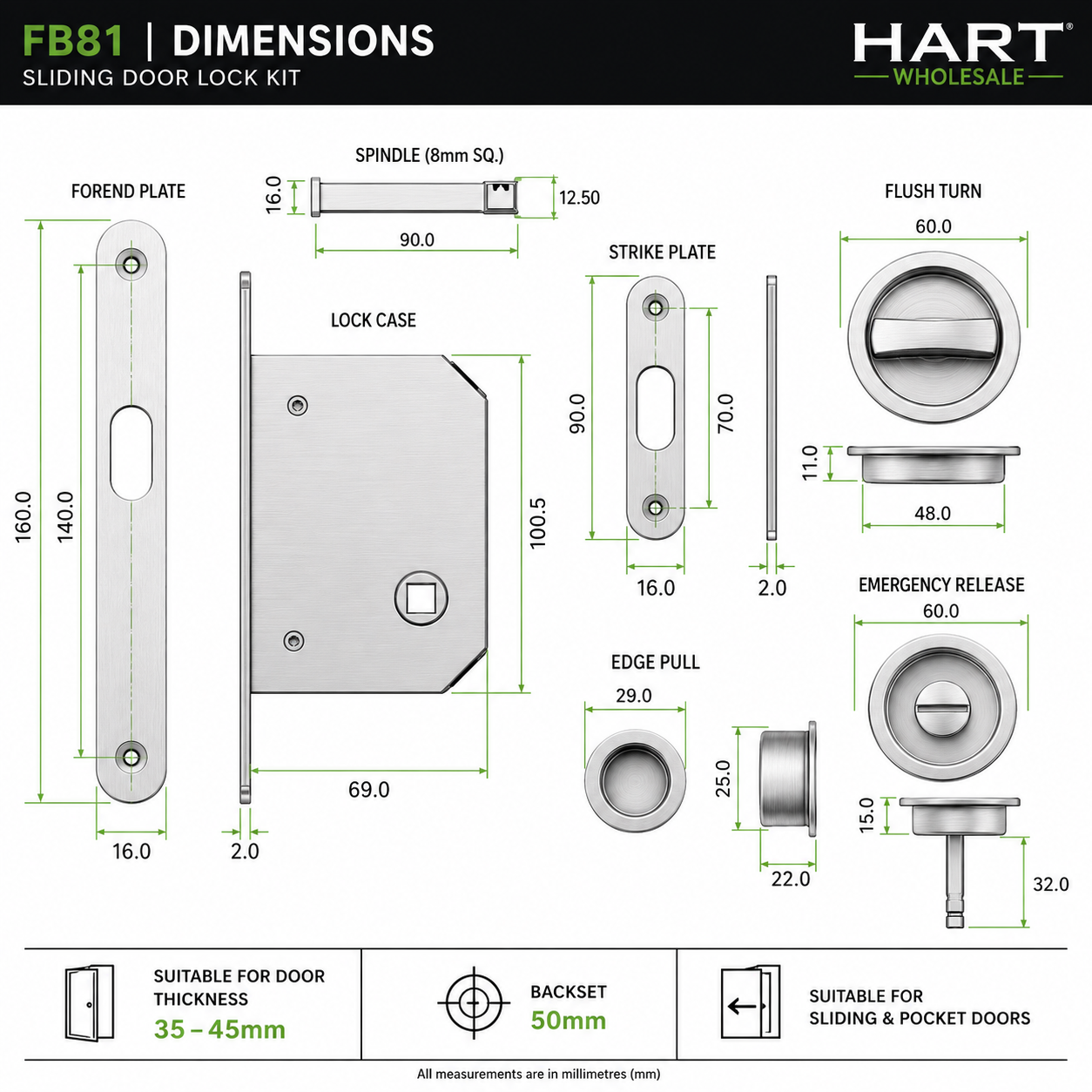 F&B Sliding Door Lock 35-45mm Satin Chrome Plated SCP DFZ025F