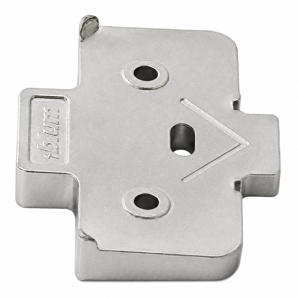 Blum 171A5040 +5° angled mounting-plate spacer with 3mm spacing in nickel
A metallic silver hardware component with pre-drilled holes and an embossed brand name on one side, shown on a plain white backplate