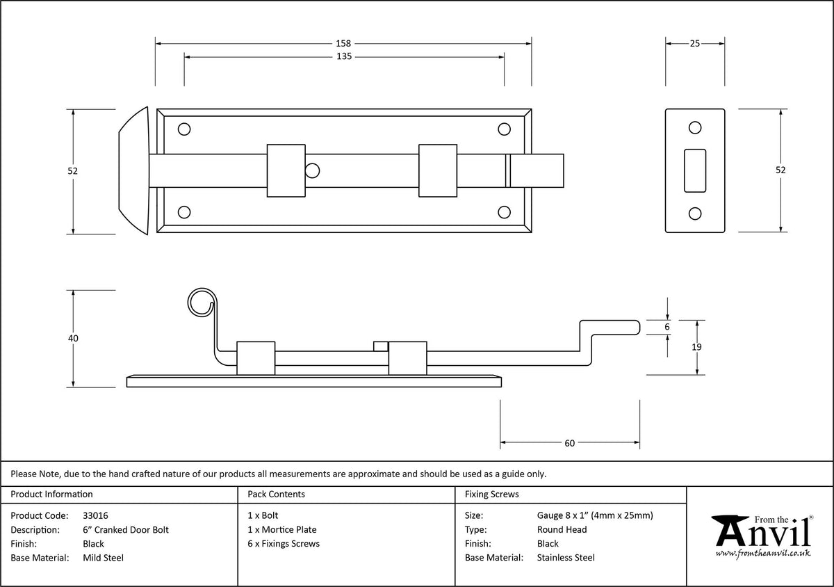 FISHTAIL BOLT CRANKED 158x52x40 BLK - 33016 by MARCHES (ANVIL) ARCHITECTURAL HARDWARE