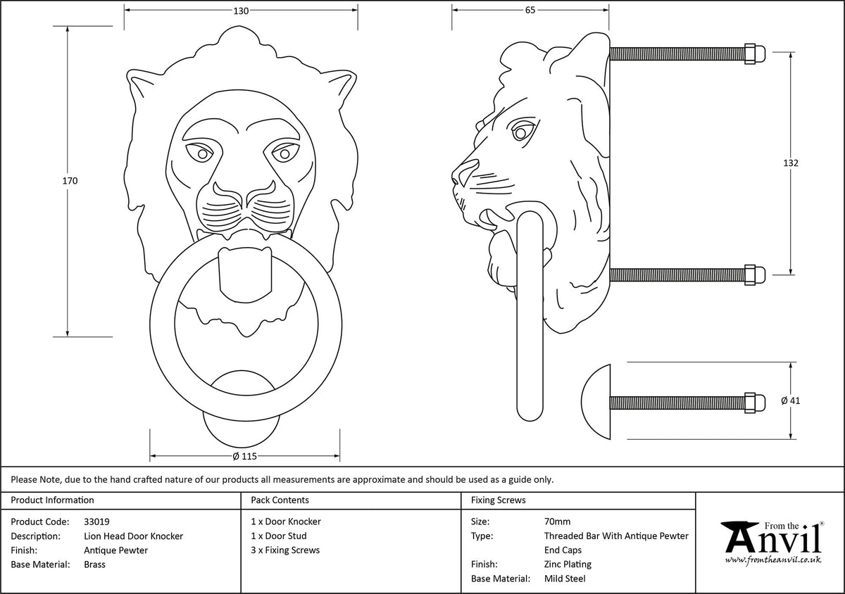 DOOR KNOCKER LION'S HEAD 170x130x65 APW - 33019 by MARCHES (ANVIL) ARCHITECTURAL HARDWARE
