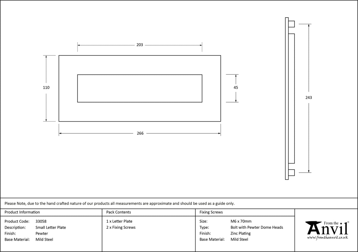 LETTER PLATE 266x110x7 PEW - 33058 by MARCHES (ANVIL) ARCHITECTURAL HARDWARE