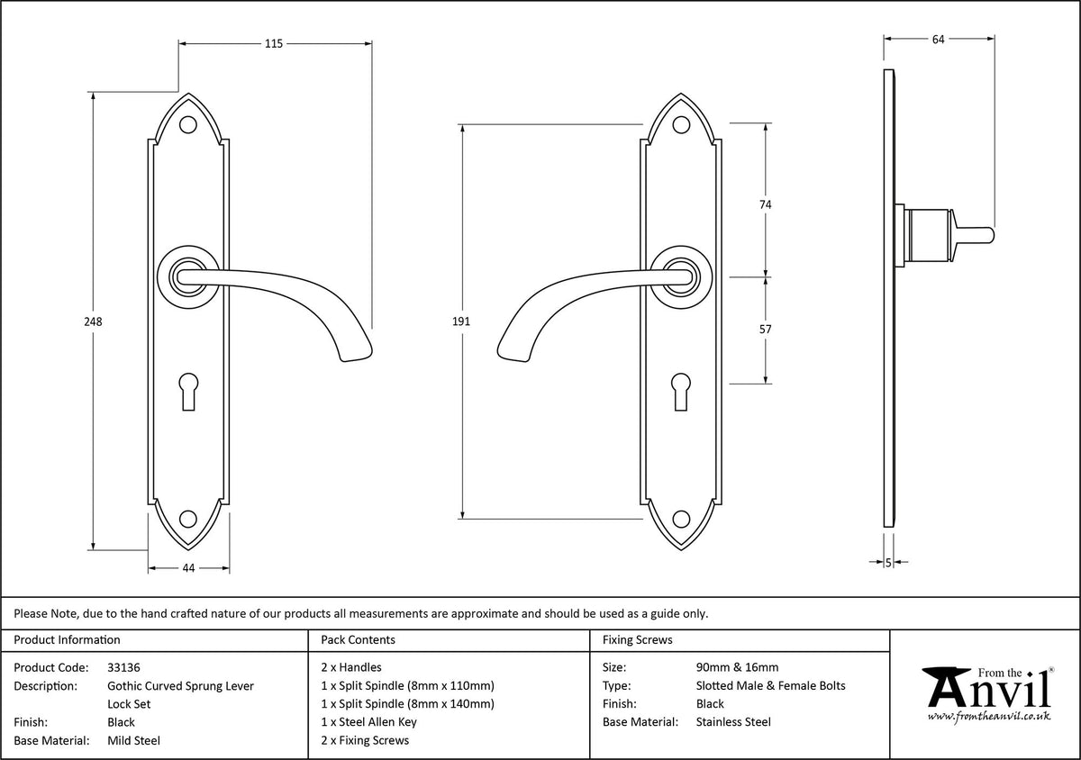 GOTHIC LEVER HANDLE CURVE LOCK 115x248x64 BLK - 33136 by MARCHES (ANVIL) ARCHITECTURAL HARDWARE