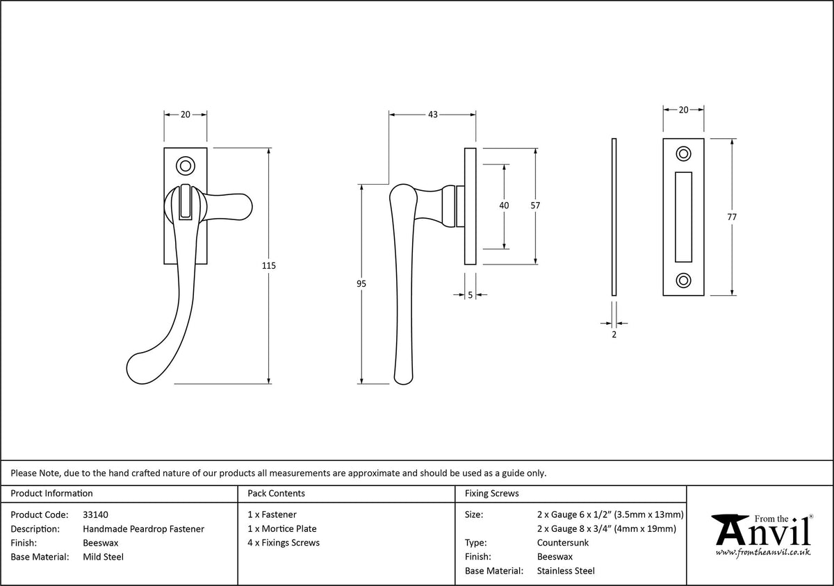 PEARDROP FASTENER 115x20x43 BWX - 33140 by MARCHES (ANVIL) ARCHITECTURAL HARDWARE