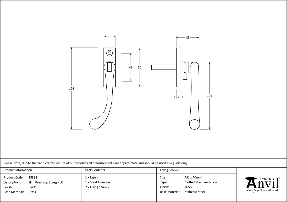 SLIM PEARDROP ESPAGNOLETTE LH 124x18x35 BLK - 33331 by MARCHES (ANVIL) ARCHITECTURAL HARDWARE