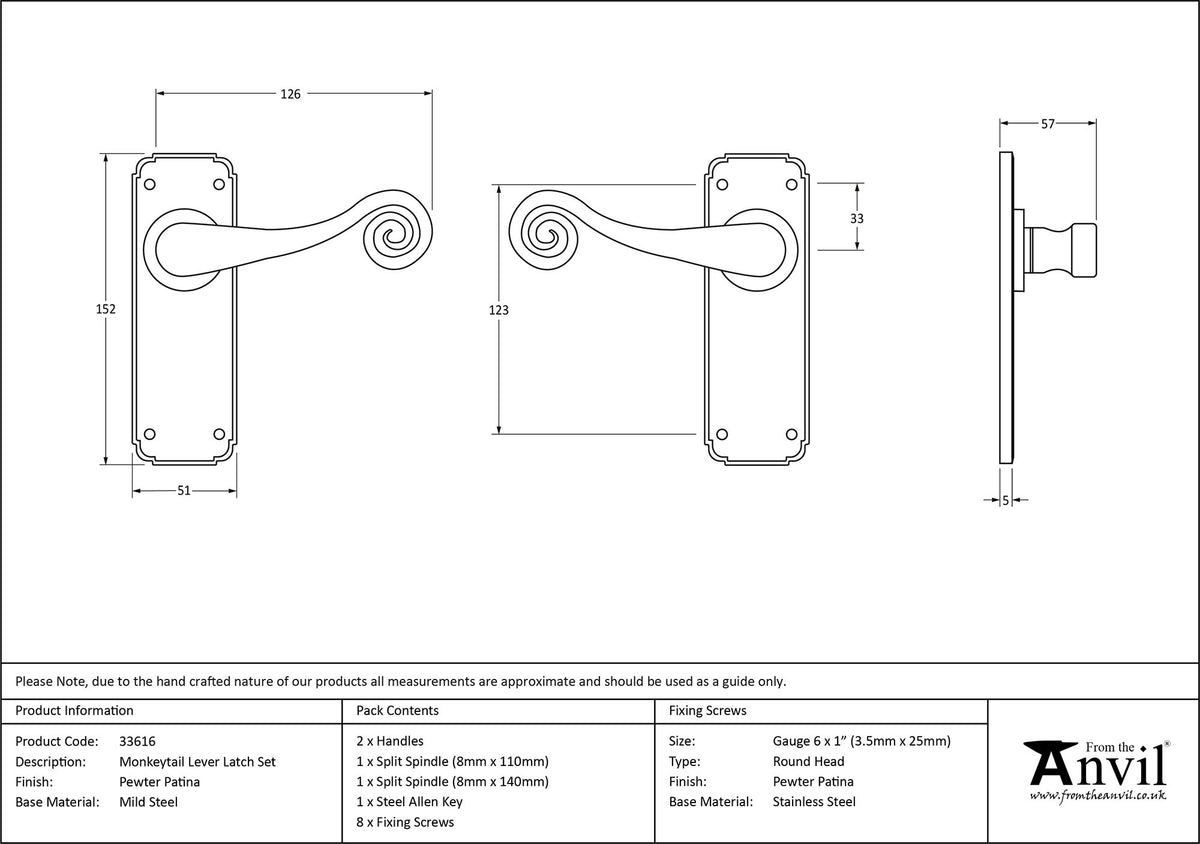 MONKEYTAIL LEVER HANDLE LATCH 126x152x57 PEW - 33616 by MARCHES (ANVIL) ARCHITECTURAL HARDWARE