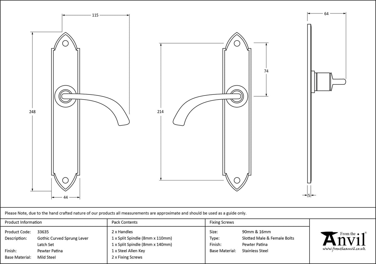 GOTHIC LEVER HANDLE CURVE LATCH 115x248x64 PEW - 33635 by MARCHES (ANVIL) ARCHITECTURAL HARDWARE