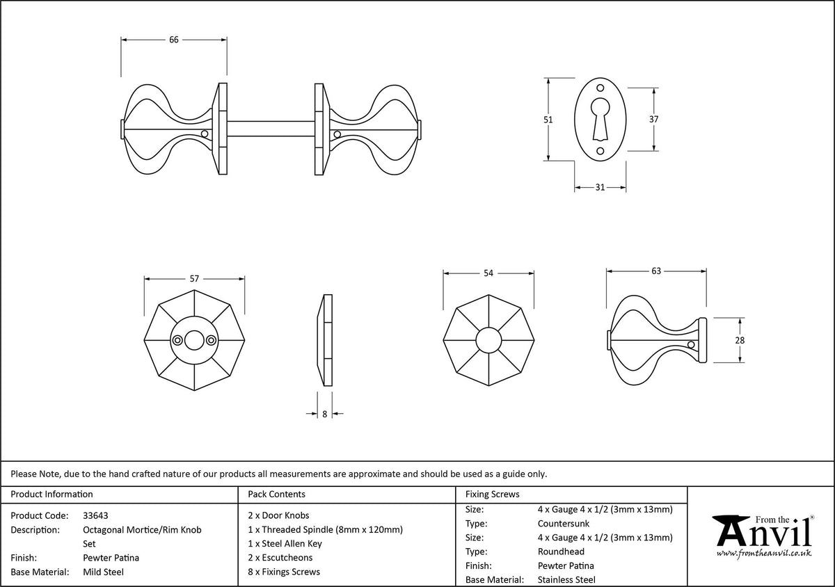 OCTAGONAL MORTICE RIM KNOB 54x66x57 PEW - 33643 by MARCHES (ANVIL) ARCHITECTURAL HARDWARE