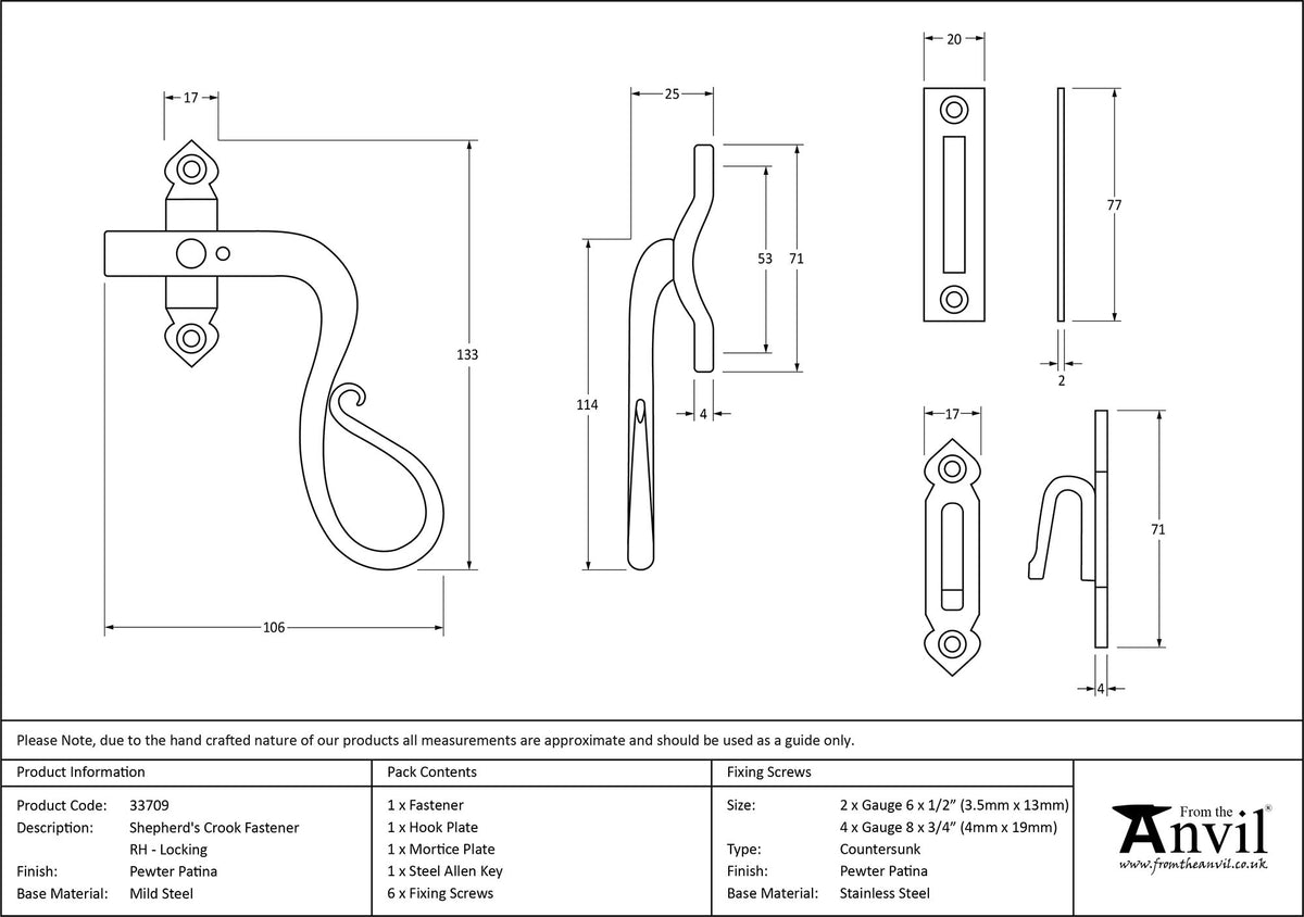 SHEPHERD'S CROOK LOCK RH 133x17x25 PEW - 33709 by MARCHES (ANVIL) ARCHITECTURAL HARDWARE