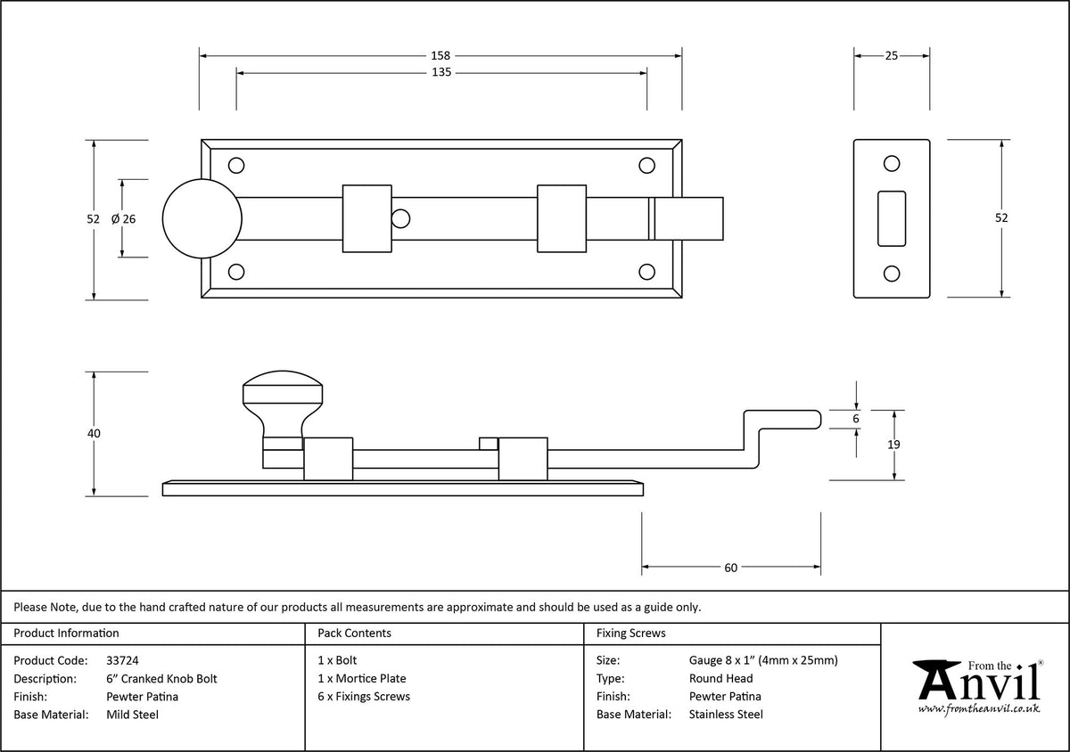 KNOB BOLT CRANKED 158x52x40 PEW - 33724 by MARCHES (ANVIL) ARCHITECTURAL HARDWARE