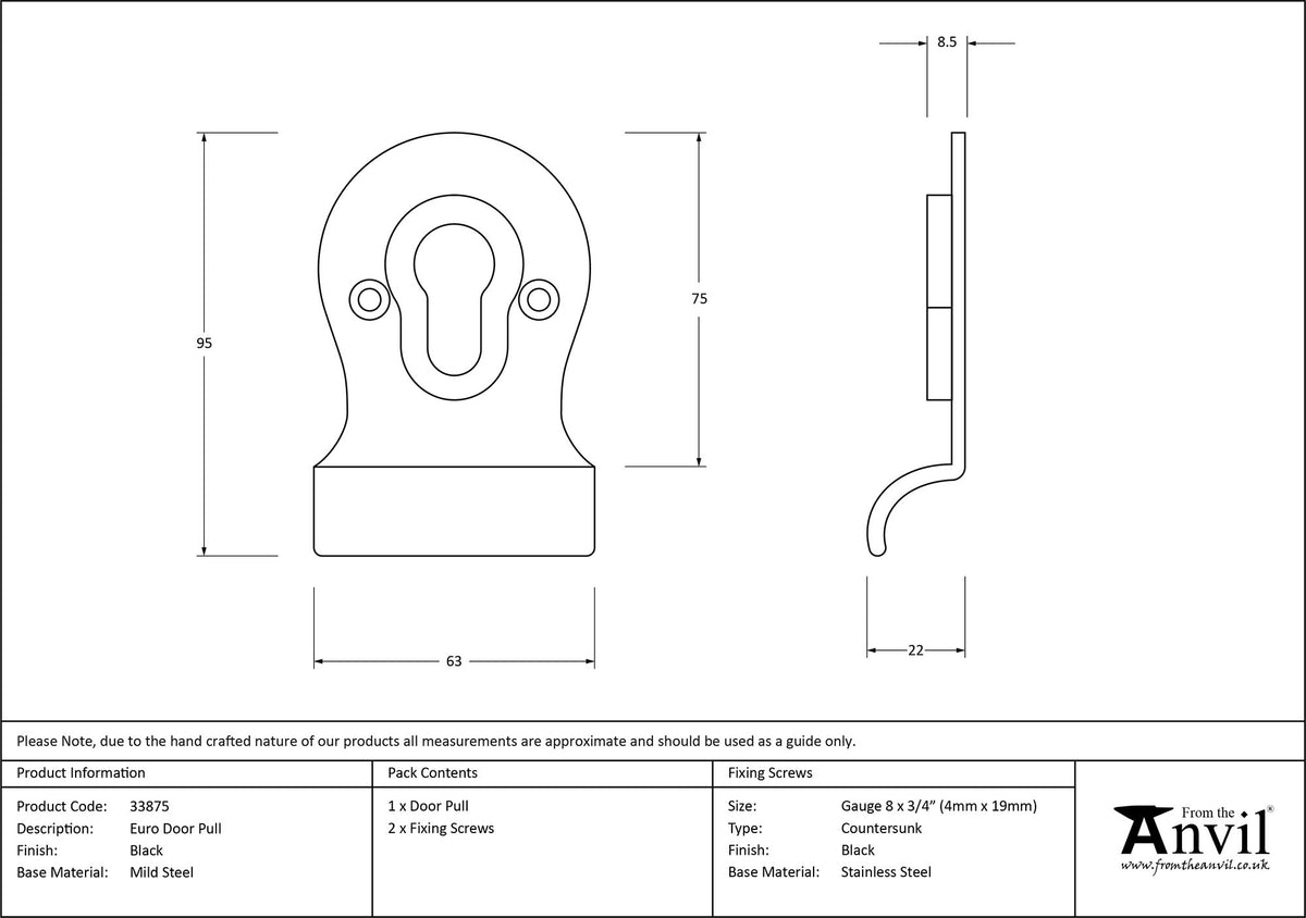 EURO DOOR PULL FACE FIX 95x63x22 BLK - 33875 by MARCHES (ANVIL) ARCHITECTURAL HARDWARE