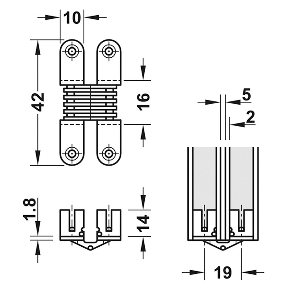 CONCEALED HINGE 180deg 14-16 ST/BP