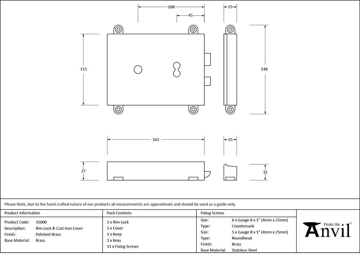 RIM LOCK+COVER 163x115x27 PBR - 35000 by MARCHES (ANVIL) ARCHITECTURAL HARDWARE