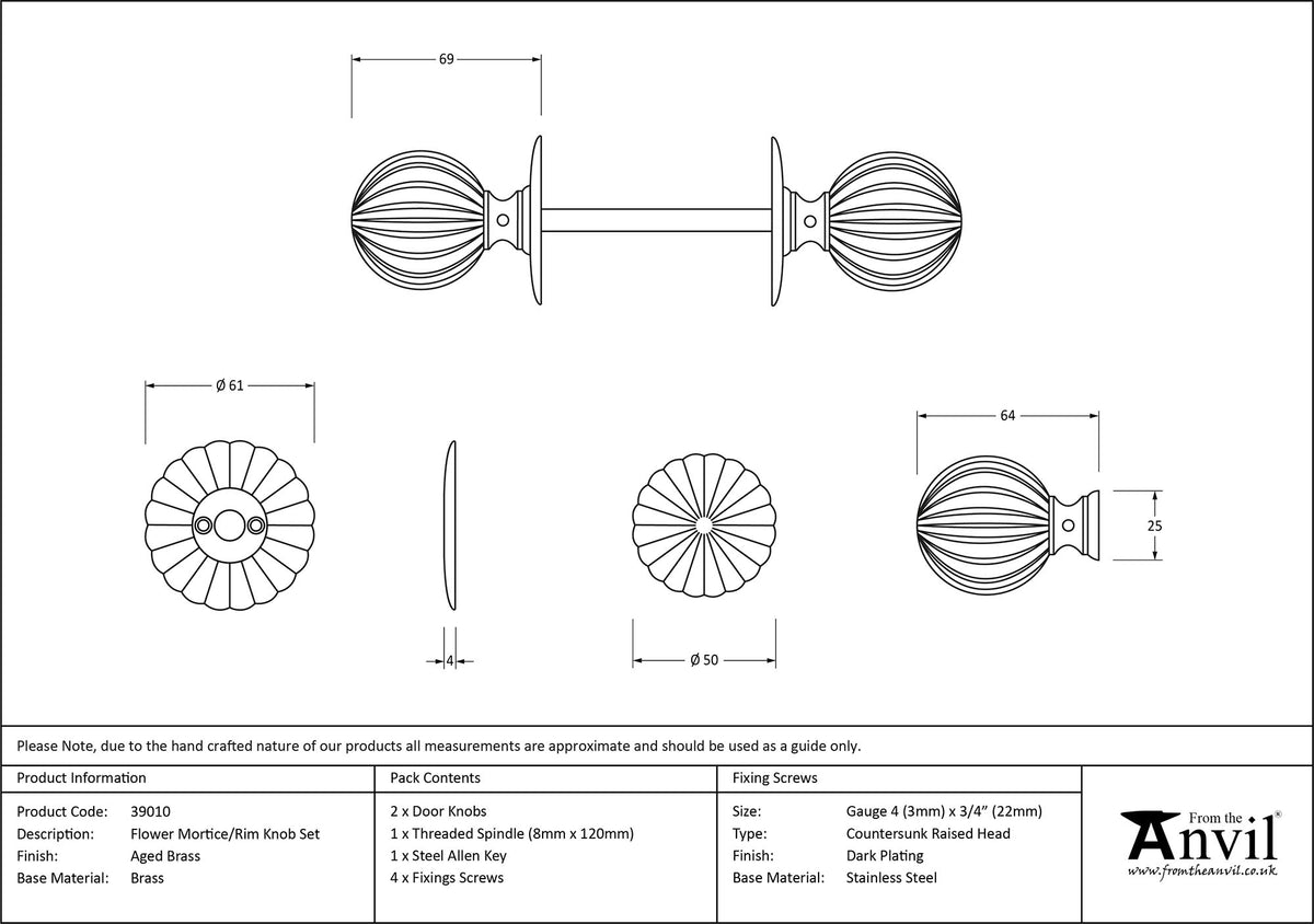 FLOWER MORTICE KNOB 50x69 PBR - 39010 by MARCHES (ANVIL) ARCHITECTURAL HARDWARE