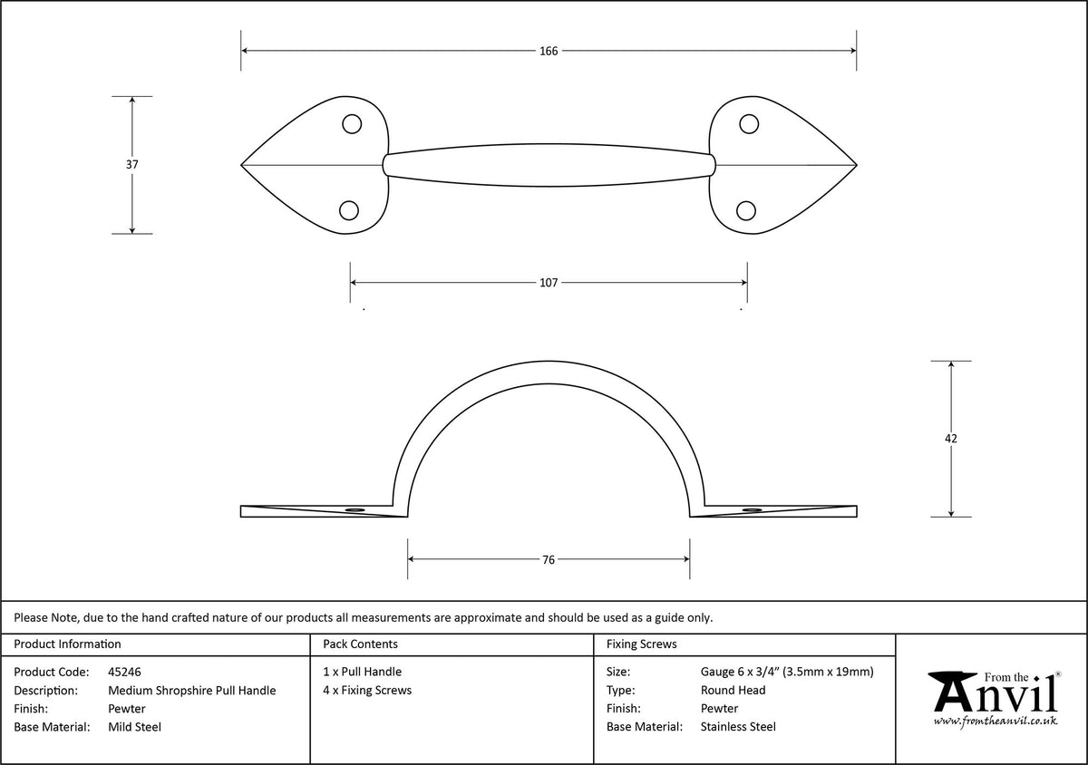 SHROPSHIRE PULL HANDLE 156x37x42 PEW - 45246 by MARCHES (ANVIL) ARCHITECTURAL HARDWARE