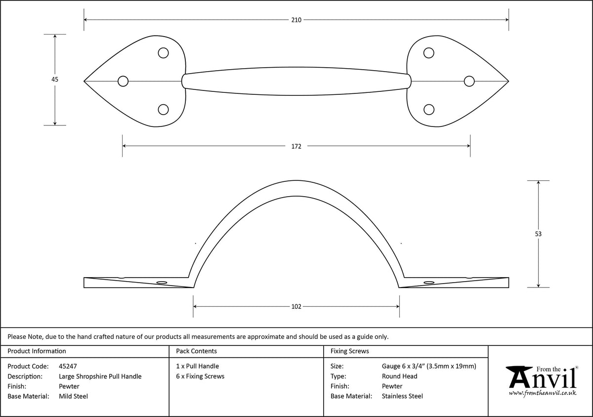 SHROPSHIRE PULL HANDLE 212x45x53 PEW - 45247 by MARCHES (ANVIL) ARCHITECTURAL HARDWARE