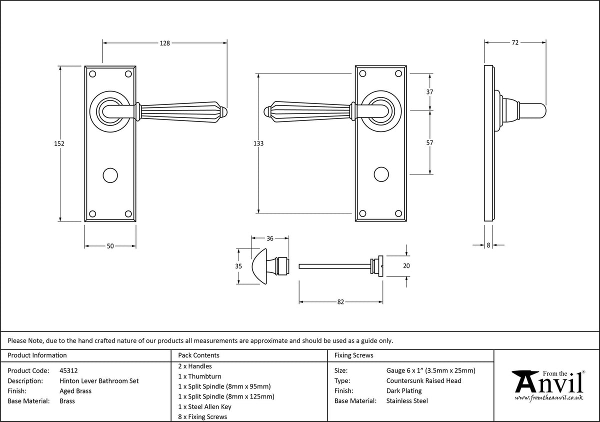 HINTON LEVER HANDLE+PLATE BATH 128x152x72 AGBR - 45312 by MARCHES (ANVIL) ARCHITECTURAL HARDWARE