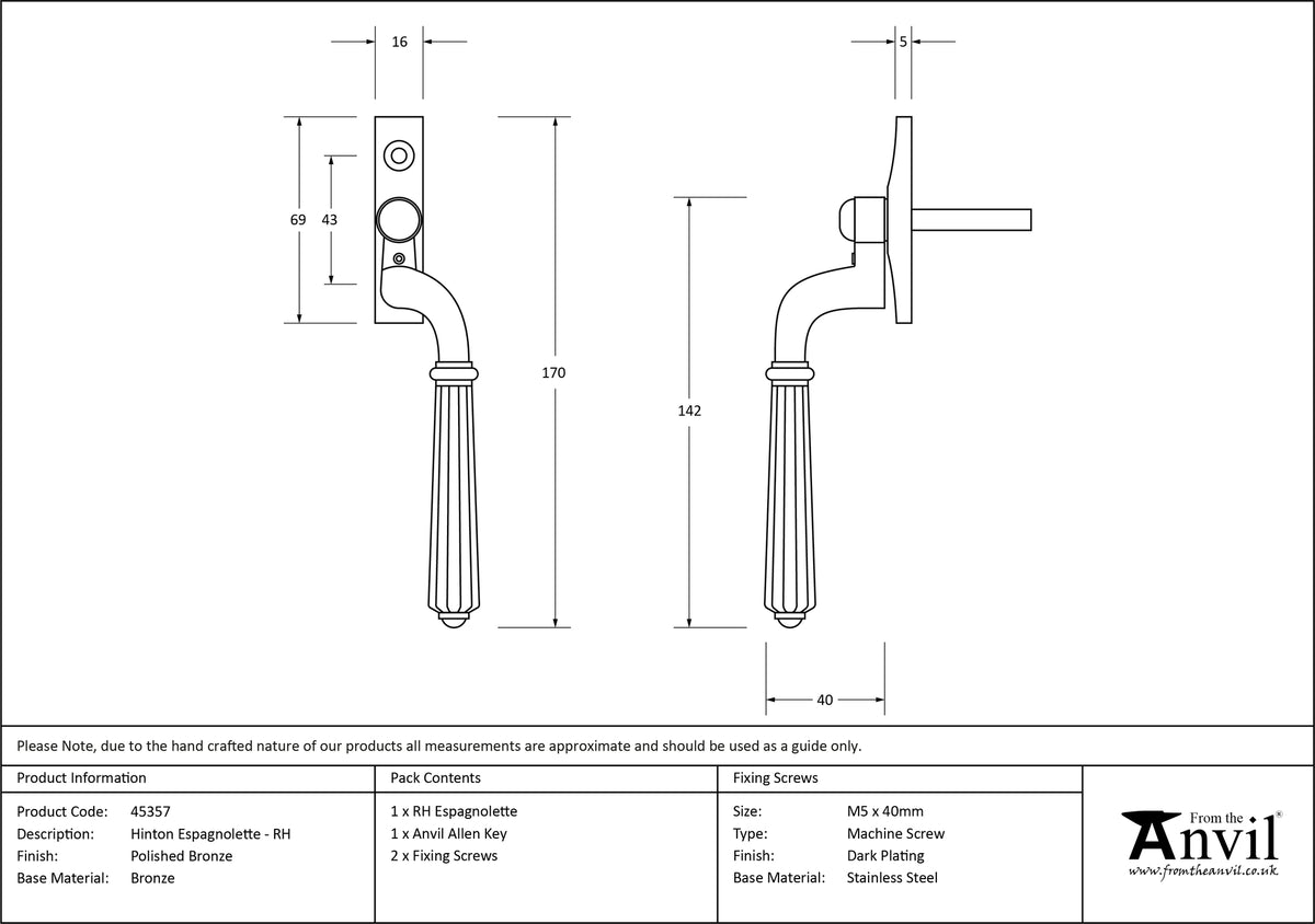 HINTON ESPAGNOLETTE RH 170x16x40 PBZ - 45357 by MARCHES (ANVIL) ARCHITECTURAL HARDWARE