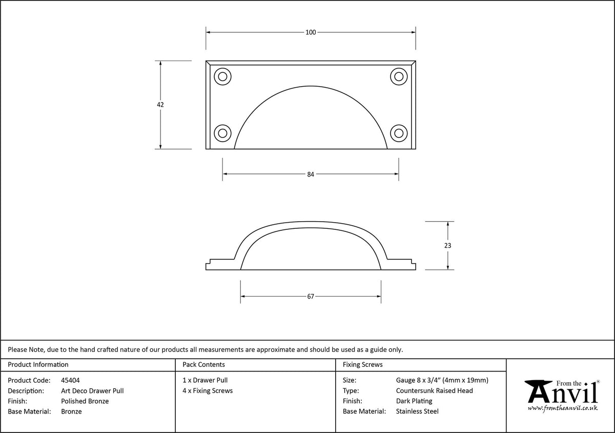 ART DECO DRAWER PULL 084HC 100x42x23 PBZ - 45404 by MARCHES (ANVIL) ARCHITECTURAL HARDWARE