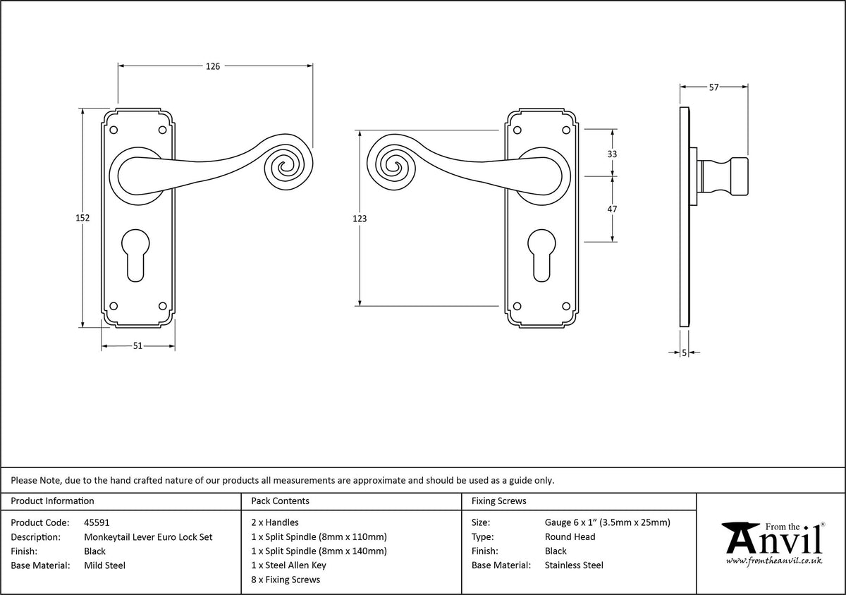 MONKEYTAIL LEVER HANDLE EURO LOCK 126x152x57 BLK - 45591 by MARCHES (ANVIL) ARCHITECTURAL HARDWARE