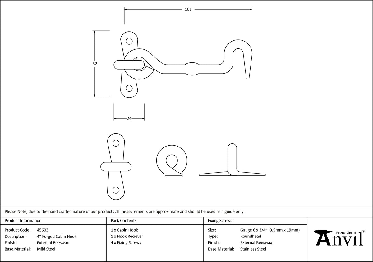 CABIN HOOK FORGED 106x52x12 BWX - 45603 by MARCHES (ANVIL) ARCHITECTURAL HARDWARE