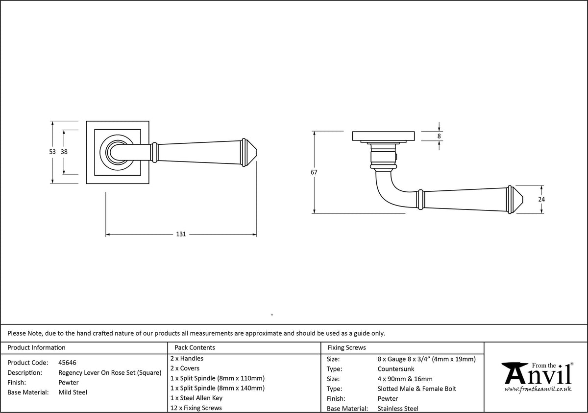 REGENCY LEVER HANDLE+ROSE SPRUNG SQUARE 53x131x67 PEW - 45646 by MARCHES (ANVIL) ARCHITECTURAL HARDWARE