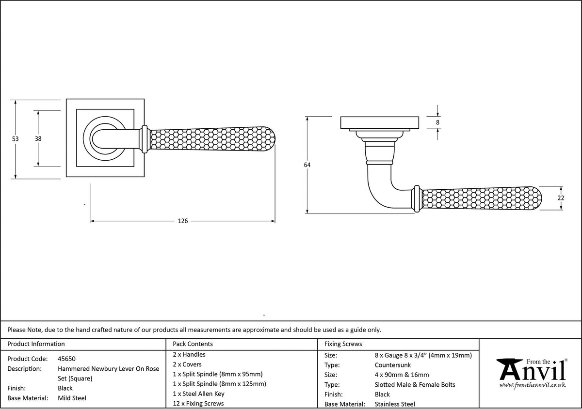 HAMMERED NEWBURY LEVER HANDLE+ROSE SPRUNG SQUARE 53x126x64 BLK - 45650 by MARCHES (ANVIL) ARCHITECTURAL HARDWARE