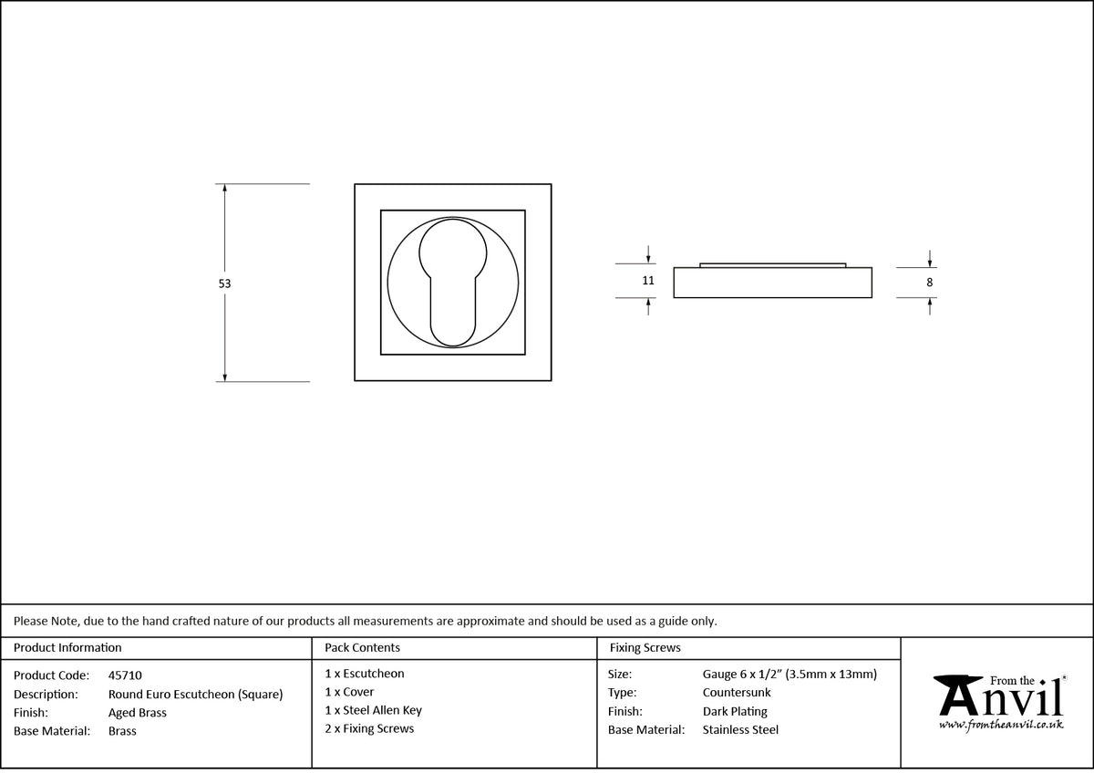 ESCUTCHEON ROUND EURO CNC SQUARE 53x53x8 AGBR - 45710 by MARCHES (ANVIL) ARCHITECTURAL HARDWARE