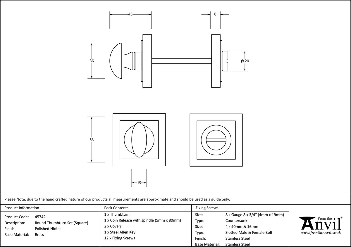 THUMBTURN SET ROUND CNC SQUARE 53x53x45 PNP - 45742 by MARCHES (ANVIL) ARCHITECTURAL HARDWARE