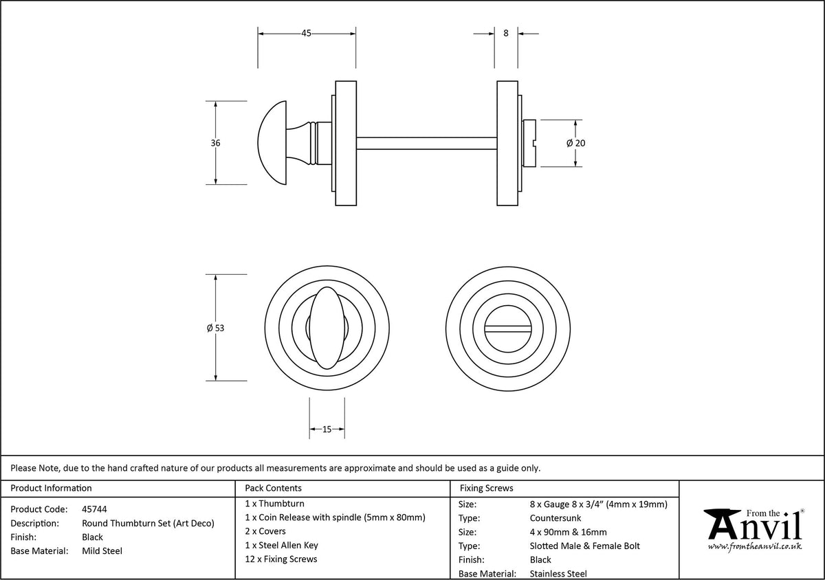 THUMBTURN SET ROUND CNC ART DECO 53x45 BLK - 45744 by MARCHES (ANVIL) ARCHITECTURAL HARDWARE