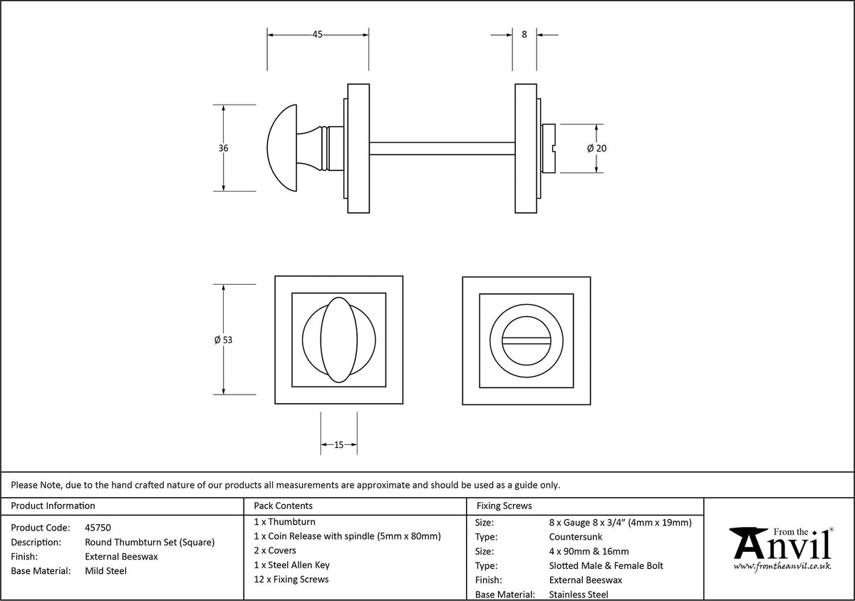 THUMBTURN SET ROUND CNC SQUARE 53x53x45 EBX - 45750 by MARCHES (ANVIL) ARCHITECTURAL HARDWARE