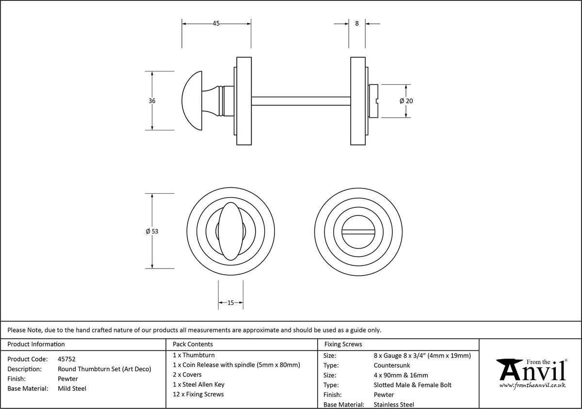 THUMBTURN SET ROUND CNC ART DECO 53x45 PEW - 45752 by MARCHES (ANVIL) ARCHITECTURAL HARDWARE
