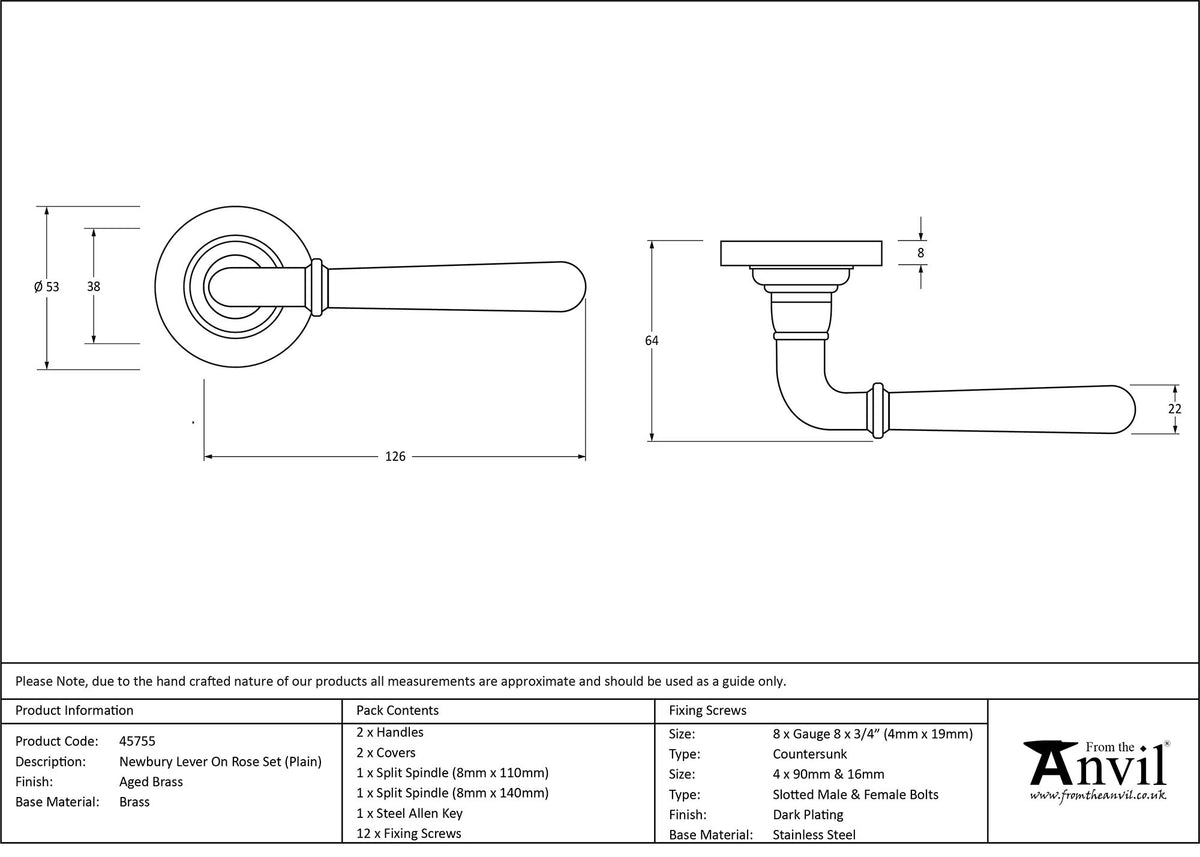 NEWBURY LEVER HANDLE+ROSE SPRUNG PLAIN 53x126x64 AGBR - 45755 by MARCHES (ANVIL) ARCHITECTURAL HARDWARE