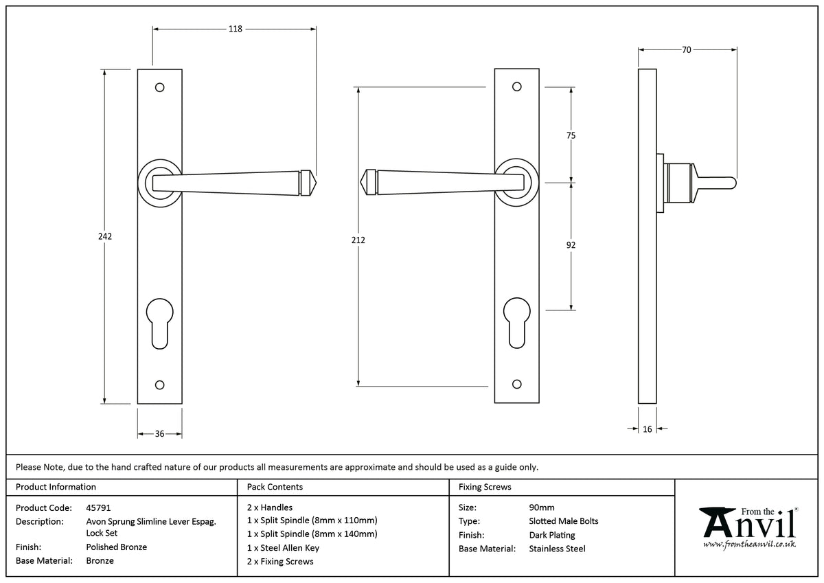 AVON SLIMLINE ESPAGNOLETTE LOCK 118x242x70 PBZ - 45791 by MARCHES (ANVIL) ARCHITECTURAL HARDWARE
