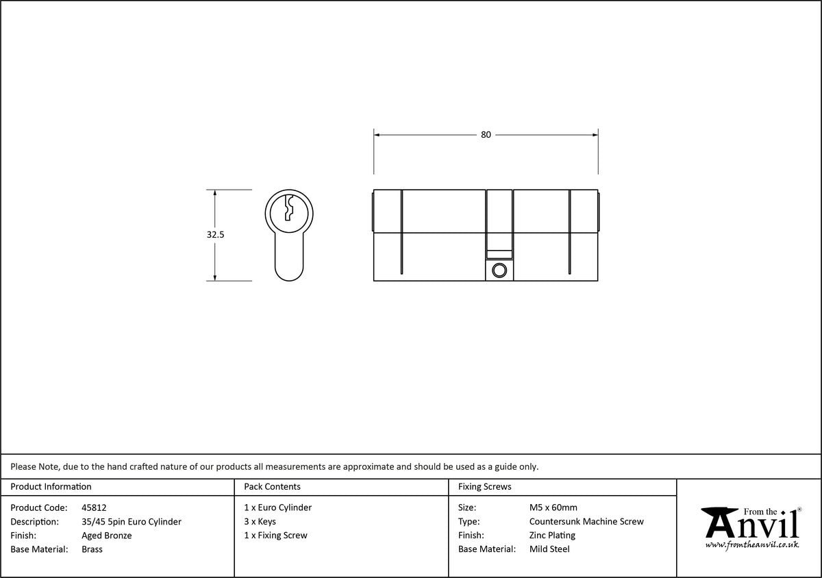 EURO CYLINDER 5PIN DIFFER 35/45 AGBZ - 45812 by MARCHES (ANVIL) ARCHITECTURAL HARDWARE