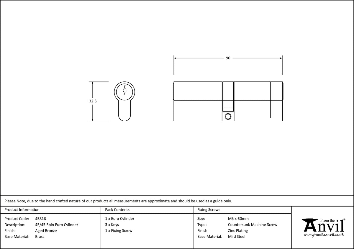 EURO CYLINDER 5PIN DIFFER 45/45 AGBZ - 45816 by MARCHES (ANVIL) ARCHITECTURAL HARDWARE