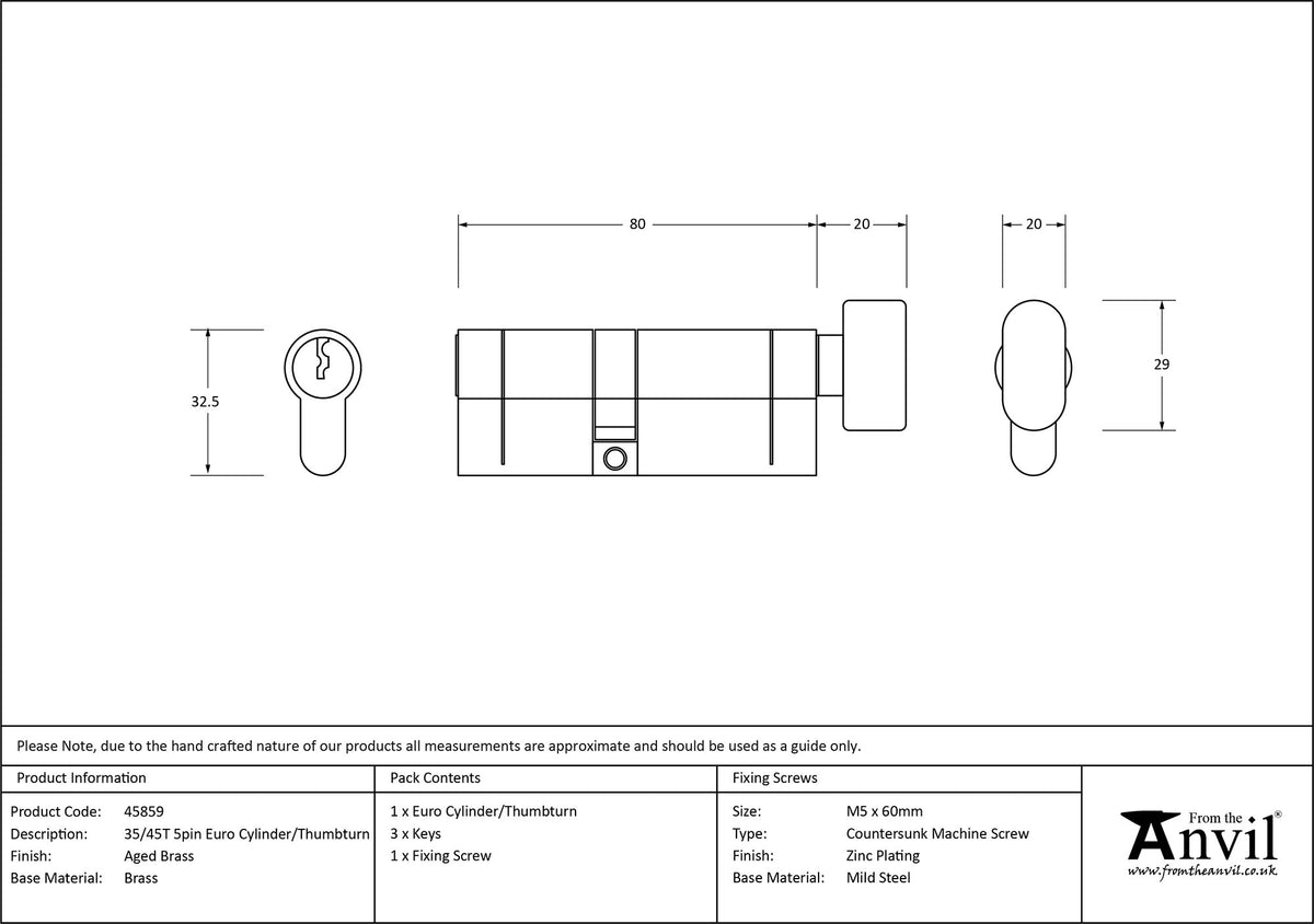 EURO CYLINDER/THUMBTURN 5PIN DIFFER 35/45T AGBR - 45859 by MARCHES (ANVIL) ARCHITECTURAL HARDWARE