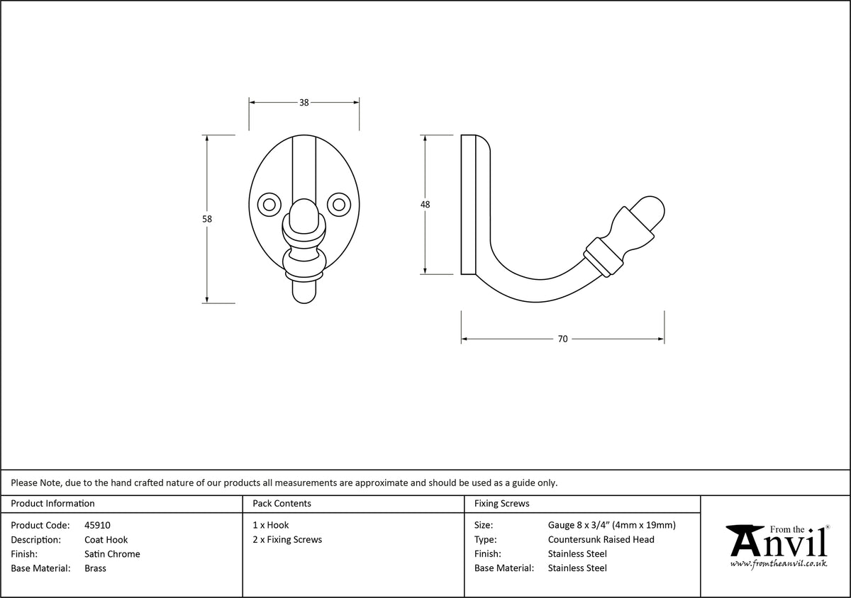COAT HOOK 58x38x70 SCP - 45910 by MARCHES (ANVIL) ARCHITECTURAL HARDWARE