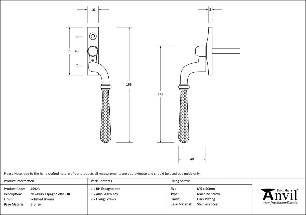 HAMMERED NEWBURY ESPAGNOLETTE RH 166x16x40 PBZ - 45923 by MARCHES (ANVIL) ARCHITECTURAL HARDWARE