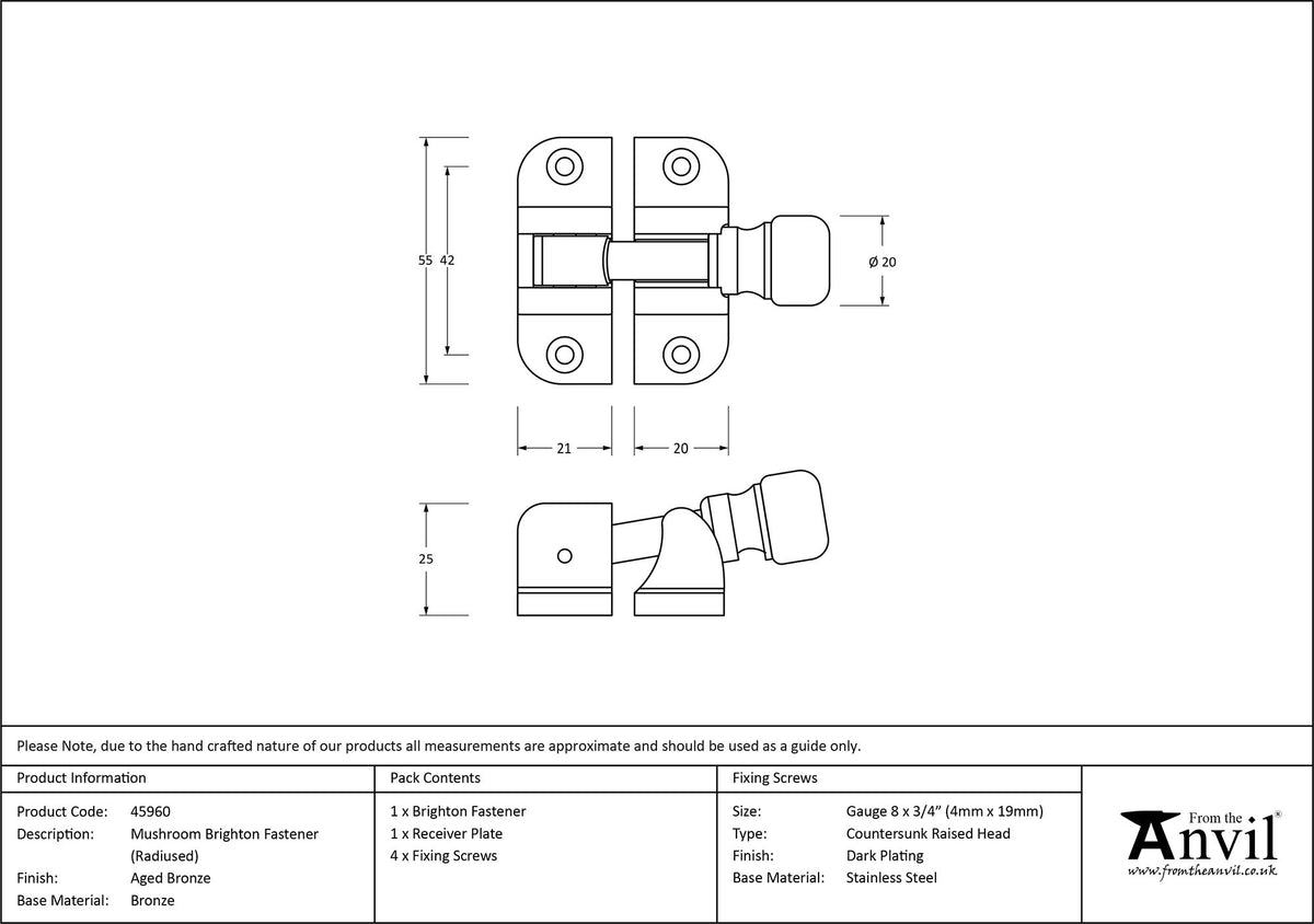 MUSHROOM BRIGHTON FASTENER RAD 55x41x25 AGBZ - 45960 by MARCHES (ANVIL) ARCHITECTURAL HARDWARE