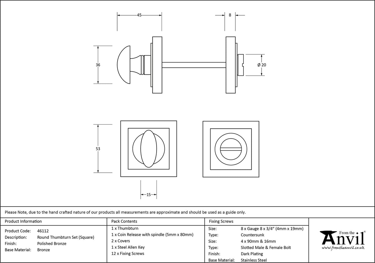 THUMBTURN SET ROUND CNC SQUARE 53x53x45 PBZ - 46112 by MARCHES (ANVIL) ARCHITECTURAL HARDWARE