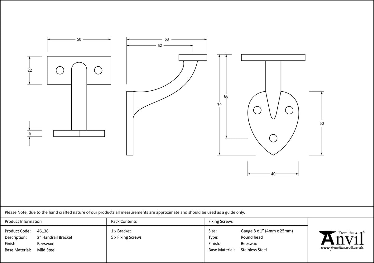 HANDRAIL BRACKET 79x40x63 BWX - 46138 by MARCHES (ANVIL) ARCHITECTURAL HARDWARE
