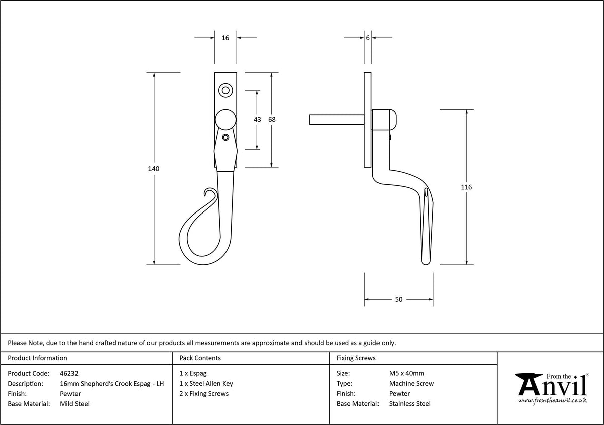 SHEPHERD'S CROOK ESPAGNOLETTE LH 140x16x50 PEW - 46232 by MARCHES (ANVIL) ARCHITECTURAL HARDWARE