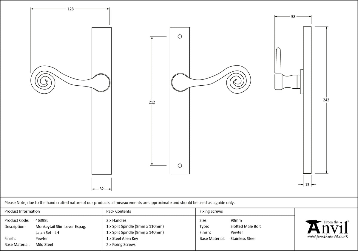 MONKEYTAIL SLIM ESPAG LATCH LH PEW - 46398L by MARCHES (ANVIL) ARCHITECTURAL HARDWARE