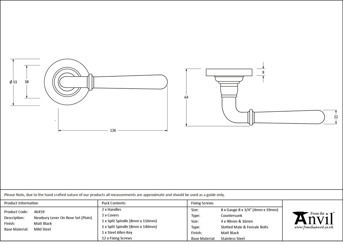 NEWBURY LEVER HANDLE+ROSE SPRUNG PLAIN 53x126x64 MBK - 46459 by MARCHES (ANVIL) ARCHITECTURAL HARDWARE