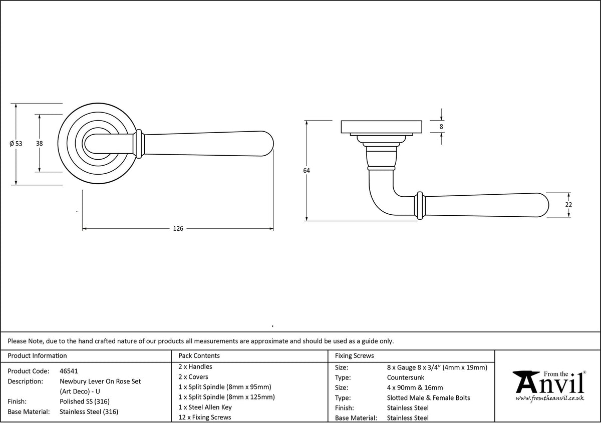 NEWBURY LEVER HANDLE+ROSE UNSPRUNG ART DECO 126x53x64 PMA - 46541 by MARCHES (ANVIL) ARCHITECTURAL HARDWARE