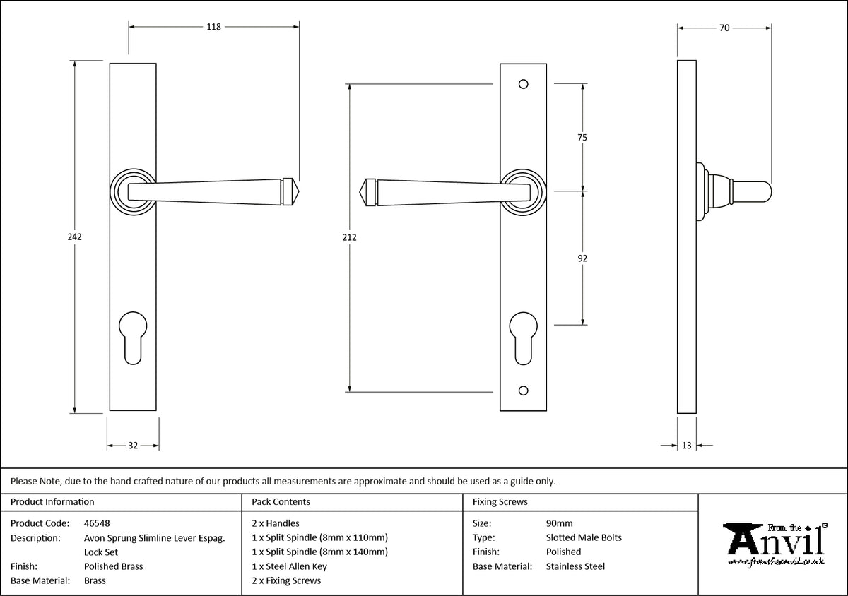 AVON SLIMLINE ESPAGNOLETTE LOCK 118x242x70 PBR - 46548 by MARCHES (ANVIL) ARCHITECTURAL HARDWARE