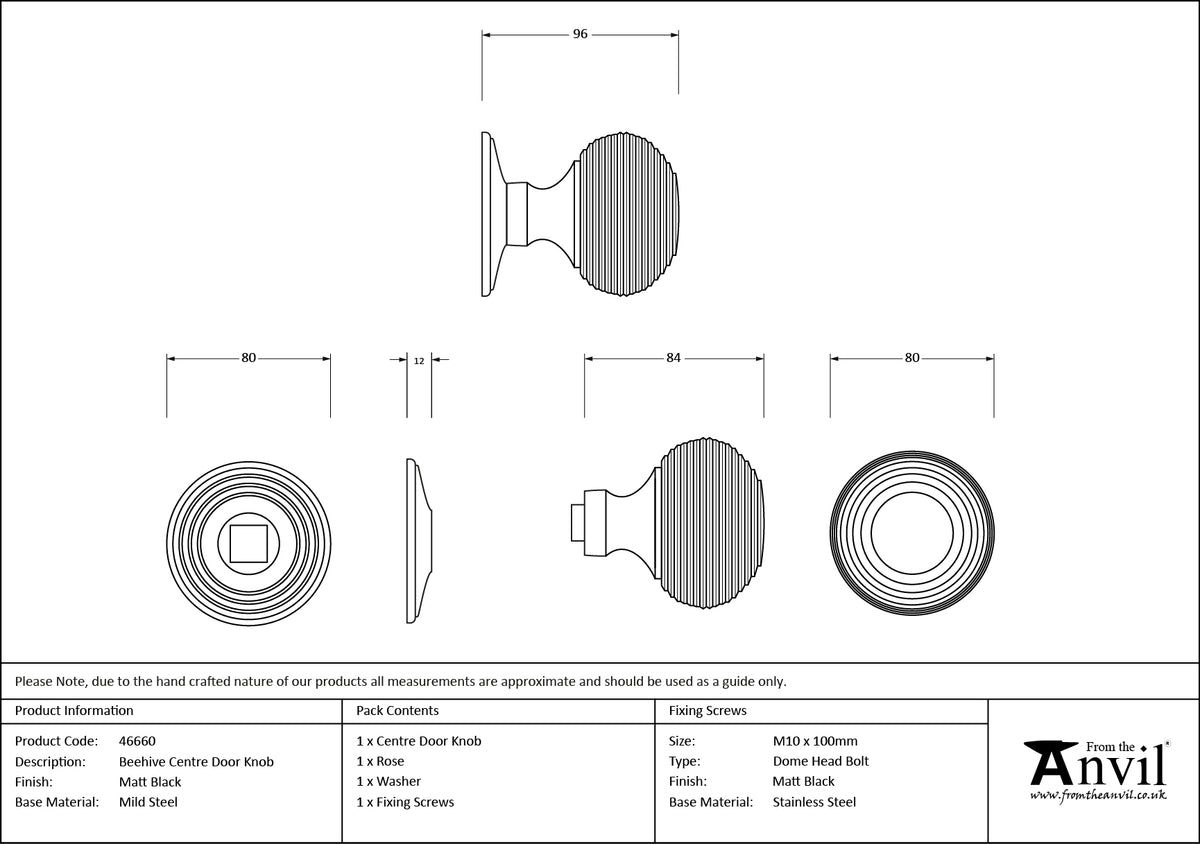 BEEHIVE CENTRE DOOR KNOB D80 MBK - 46660 by MARCHES (ANVIL) ARCHITECTURAL HARDWARE