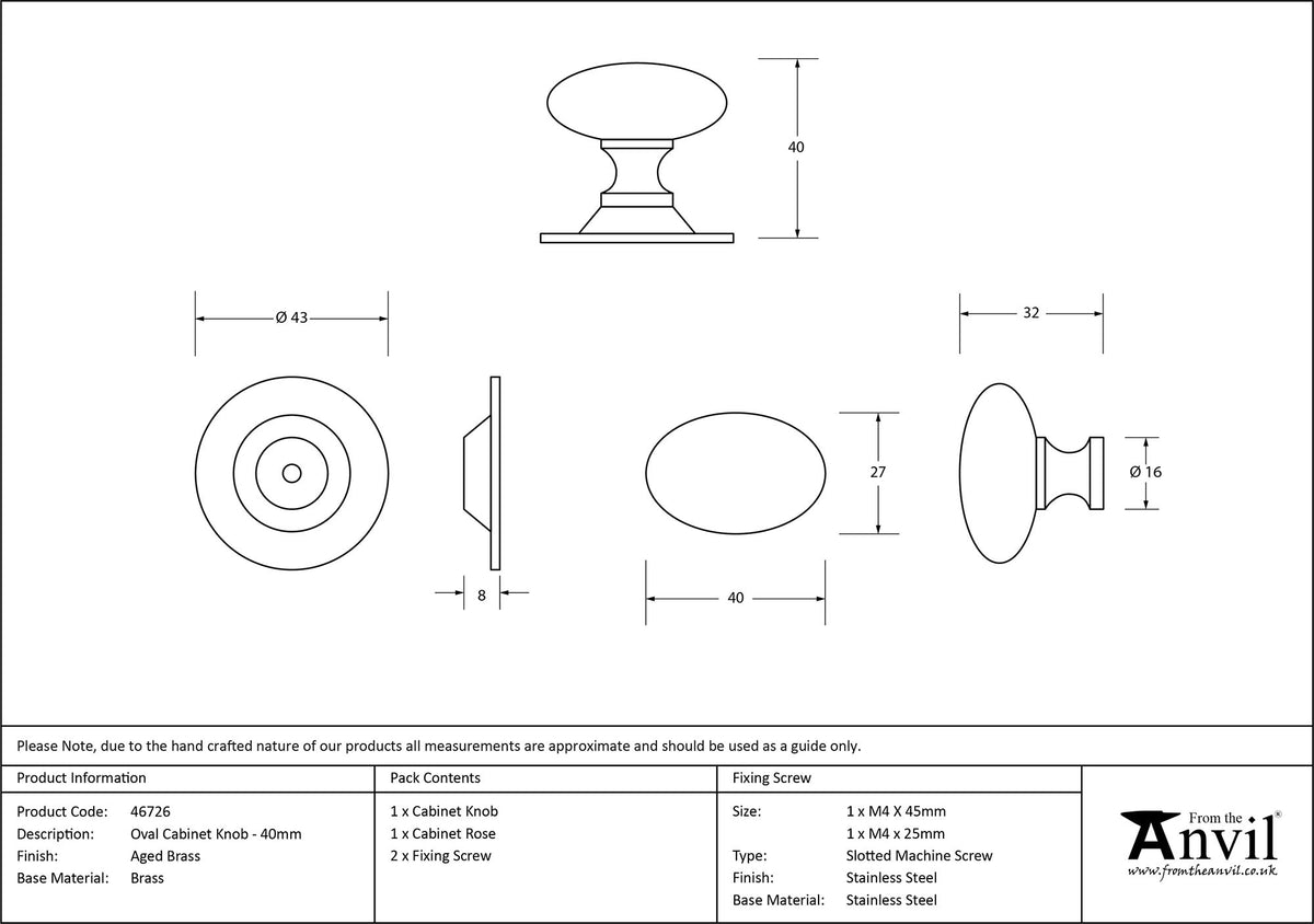 OVAL CABINET KNOB 40x27x40x43 AGBR - 46726 by MARCHES (ANVIL) ARCHITECTURAL HARDWARE