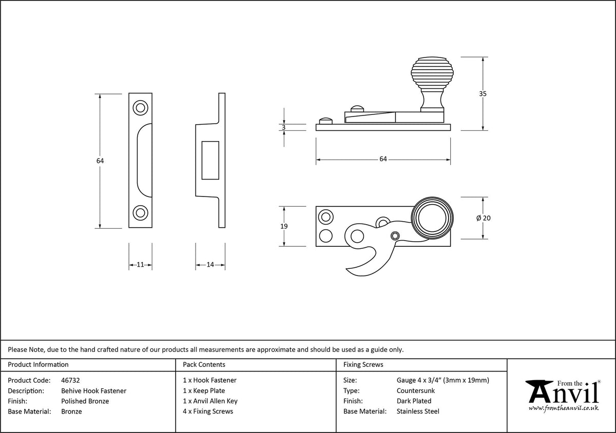 BEEHIVE SASH HOOK FASTENER 64x19x35 PBZ - 46732 by MARCHES (ANVIL) ARCHITECTURAL HARDWARE