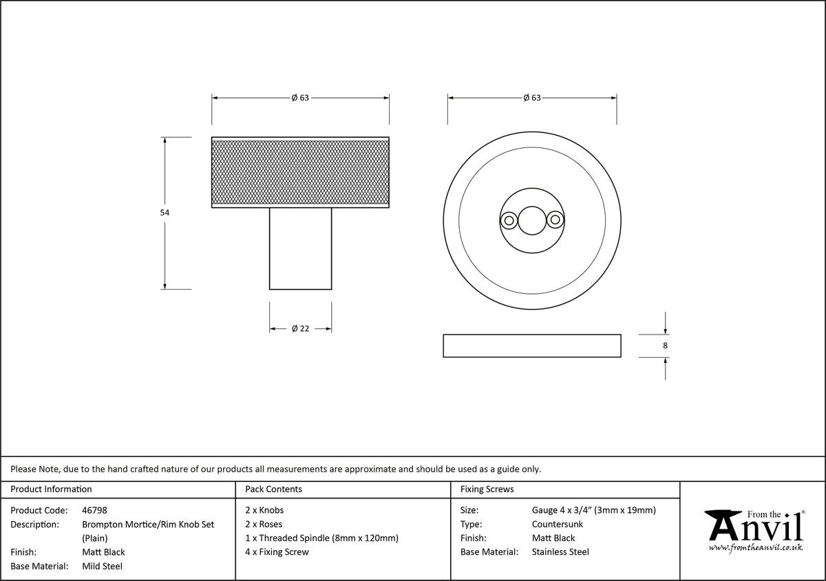BROMPTON MORTICE/RIM KNOB PLAIN 63x54x22 MBK - 46798 by MARCHES (ANVIL) ARCHITECTURAL HARDWARE
